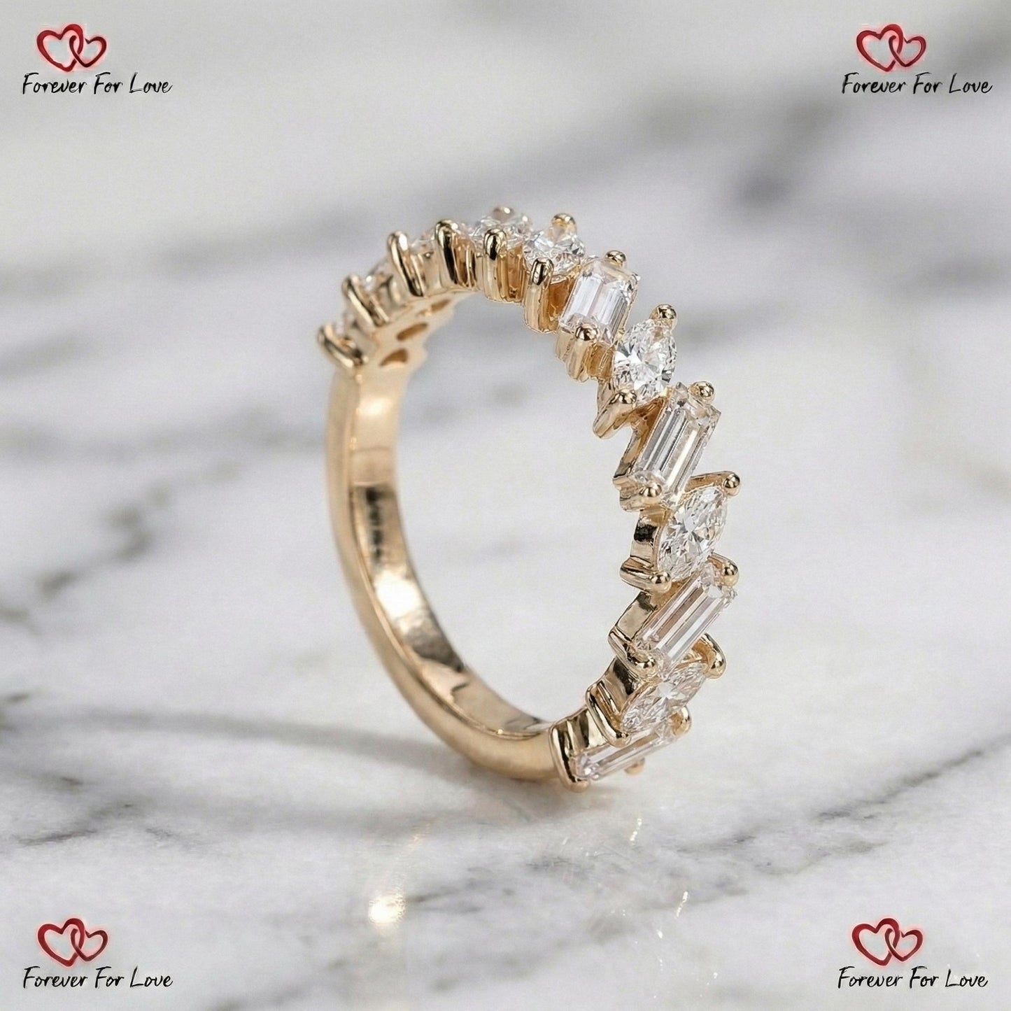 Bague de Fiançailles en Diamant de Laboratoire Taille Baguette Baguette cut Moissanite taille brillant engagement ring in Gold or Platinum — custom handcrafted by Forever For Love