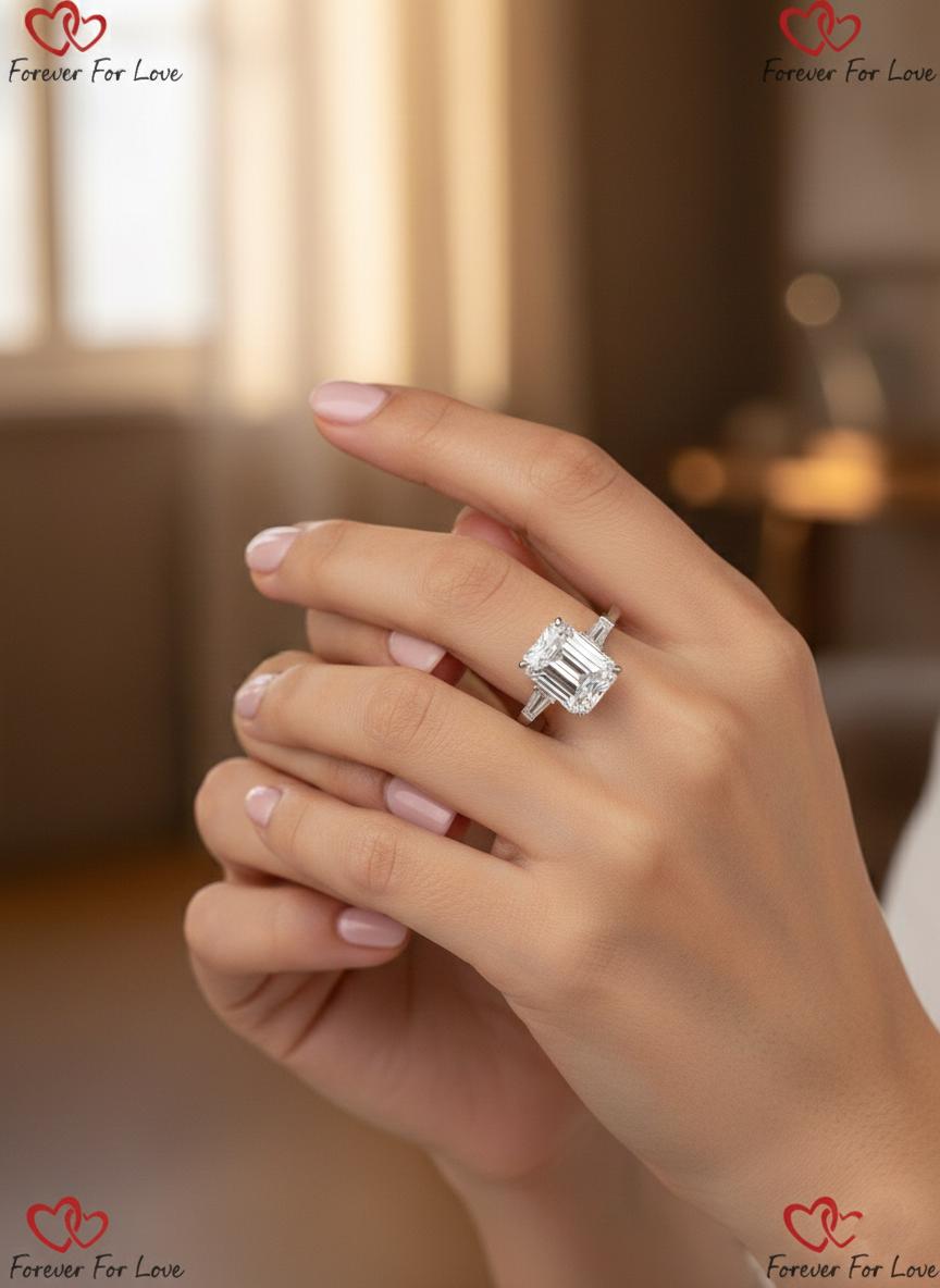 4 Ct IGI Certified Emerald Lab Diamond Three Stone Engagement Ring Emerald cut Moissanite engagement ring in Gold or Platinum — custom handcrafted by Forever For Love