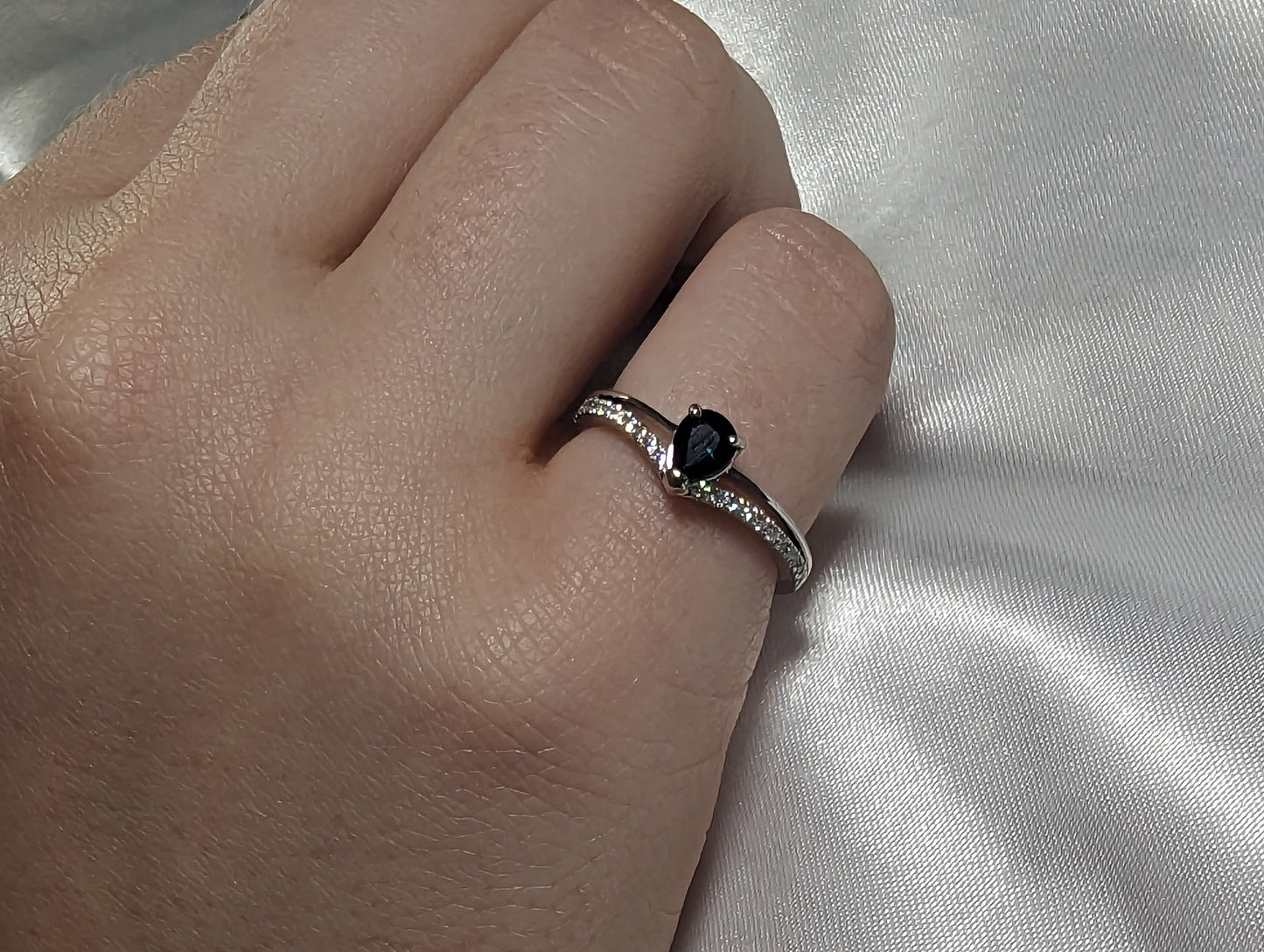 Pear Blue Diamond, Sapphire Engagement Ring Pear cut 1Ct Natural Sapphire engagement ring in 935 Argentium Silver — custom handcrafted by Forever For Love