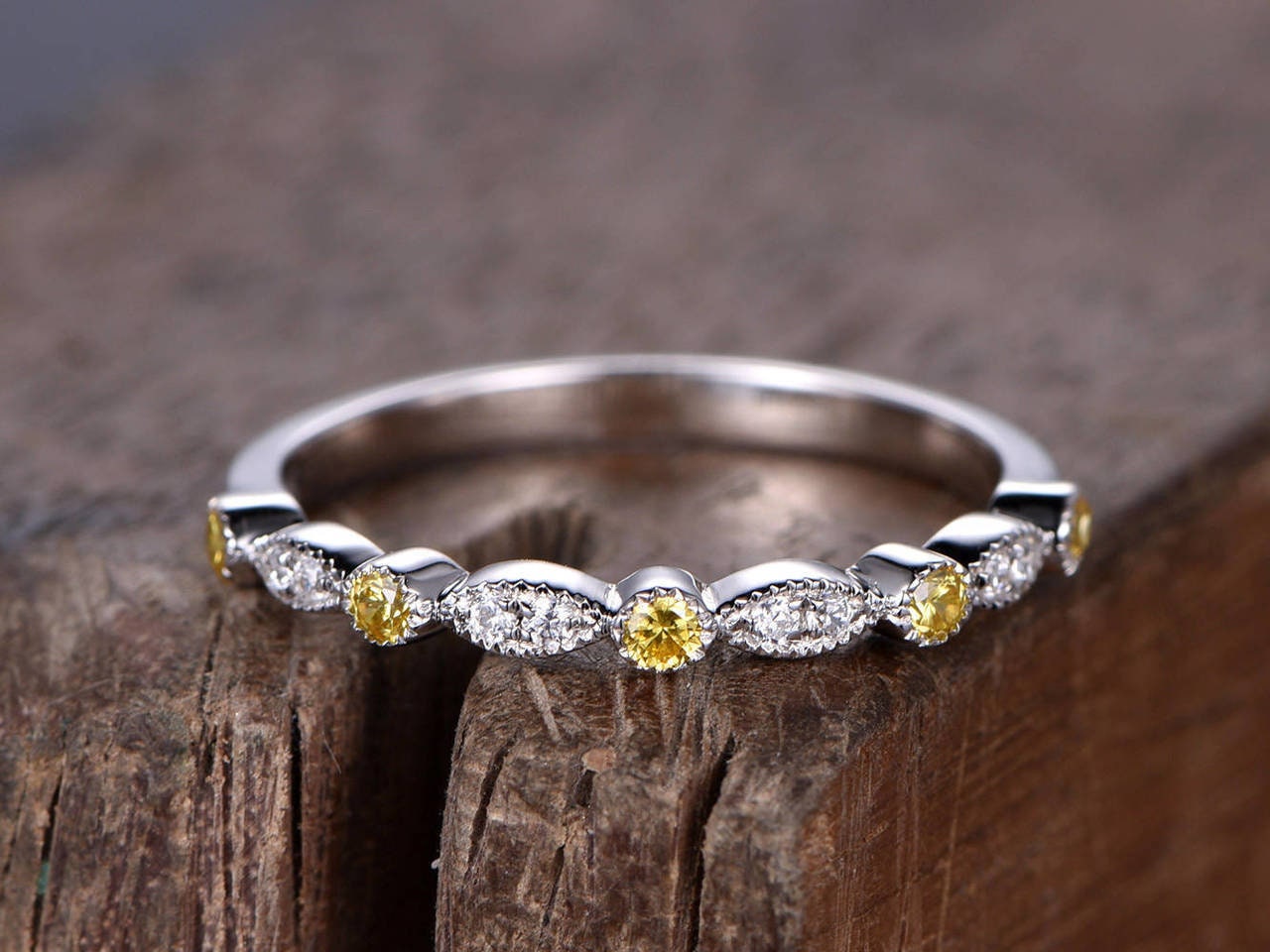 Round Natural Diamond, Citrine Half Eternity Band Round cut Natural Citrine engagement ring in 935 Argentium Silver — custom handcrafted by Forever For Love