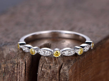 Round Natural Diamond, Citrine Half Eternity Band