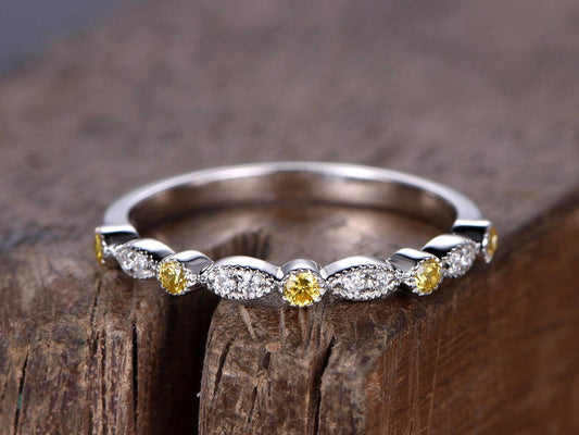 Round Natural Diamond, Citrine Half Eternity Band