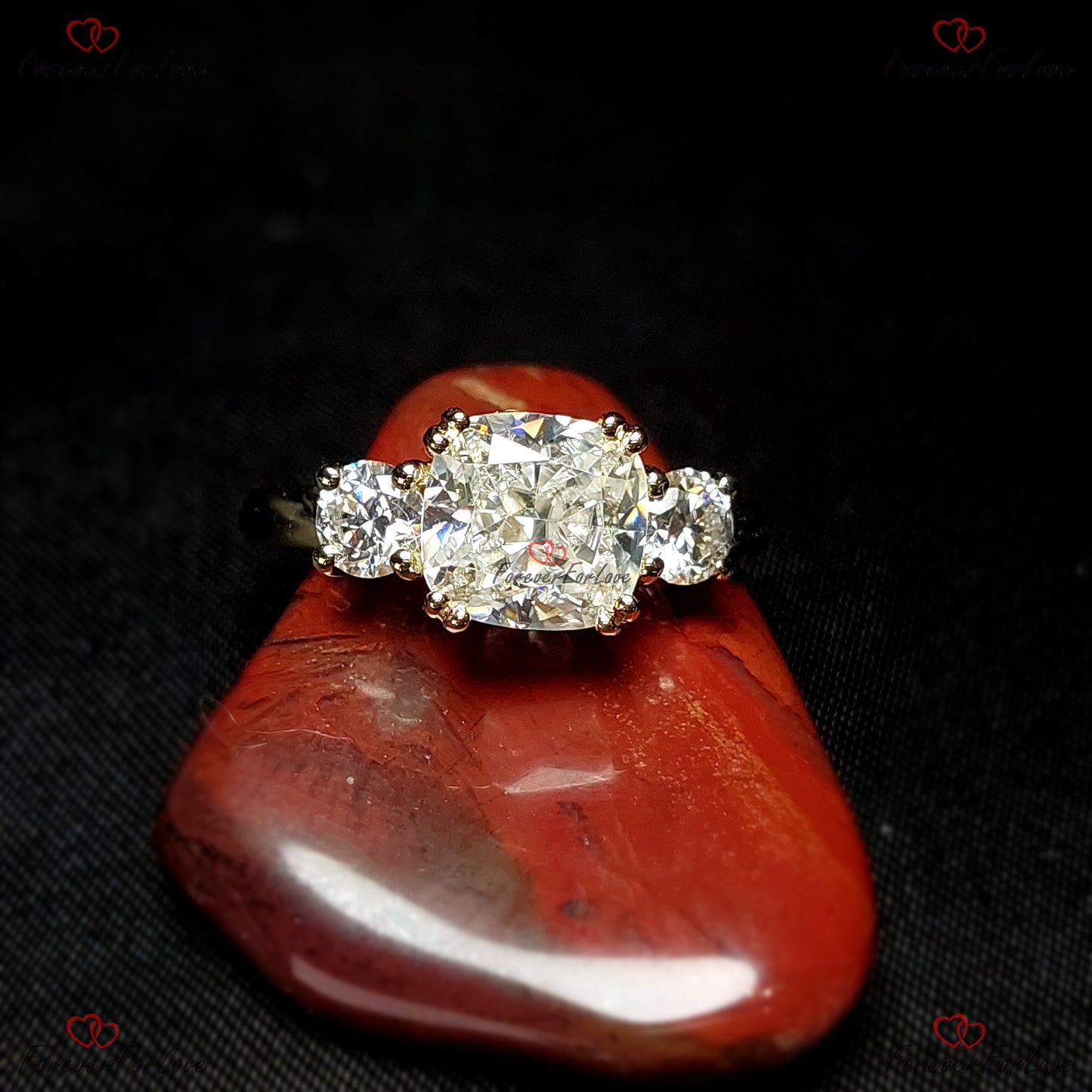 Cushion Moissanite Three Stone Engagement Ring Cushion cut Moissanite engagement ring in Gold or Platinum — custom handcrafted by Forever For Love