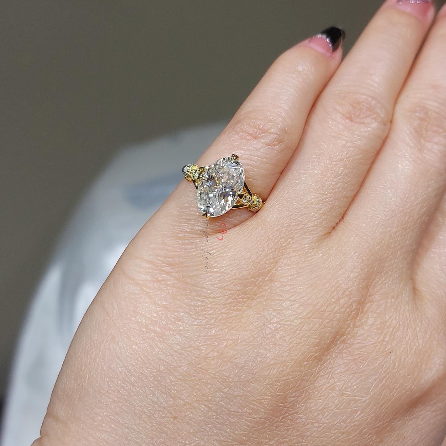 4 Ct Oval Moissanite Hidden Halo with Eternity Shank Engagement Ring Oval cut 1Ct Moissanite Brilliant Cut engagement ring in 935 Argentium Silver — custom handcrafted by Forever For Love