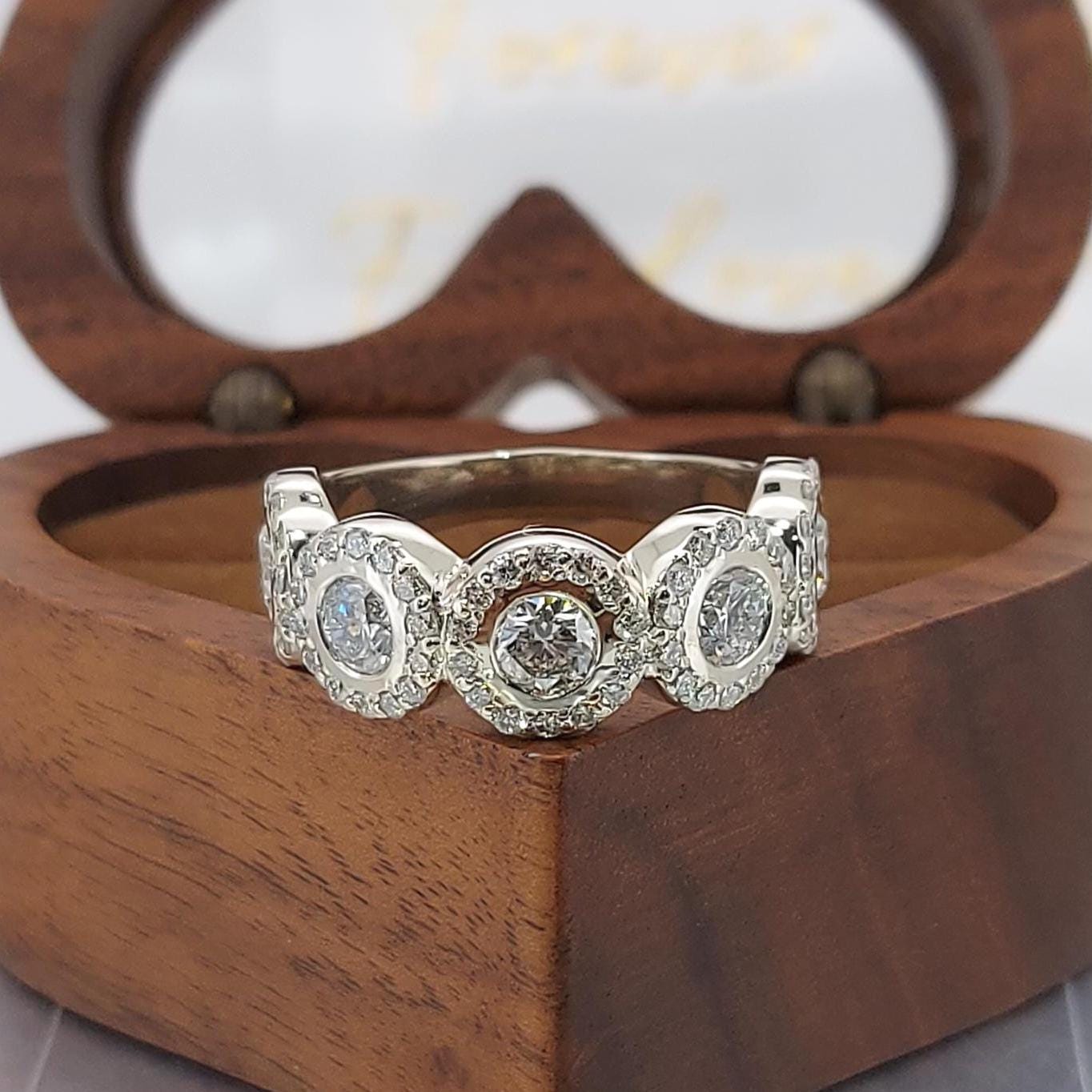 Bague demi-éternité en diamants ronds de laboratoire Round cut Moissanite taille brillant engagement ring in Gold or Platinum — custom handcrafted by Forever For Love
