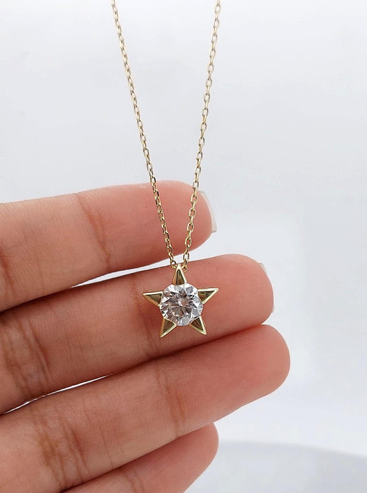 Star Shape Round Diamond Necklace, 14k Yellow Gold, Dainty Minimalist Diamond Pendant, Star shape Women's Necklace, Perfect Necklace Gift.