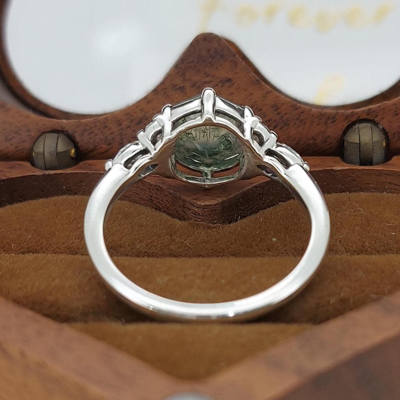 Hexagon Lab Diamond, Moss Agate Engagement Ring Hexagon cut Moissanite engagement ring in Gold or Platinum — custom handcrafted by Forever For Love