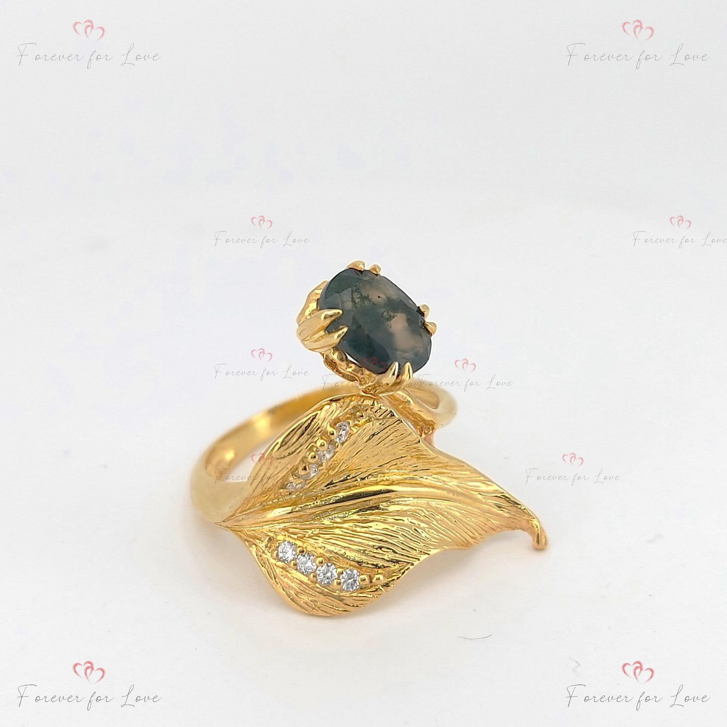 Oval Moss Agate Ring Oval cut Moissanite engagement ring in Gold or Platinum — custom handcrafted by Forever For Love