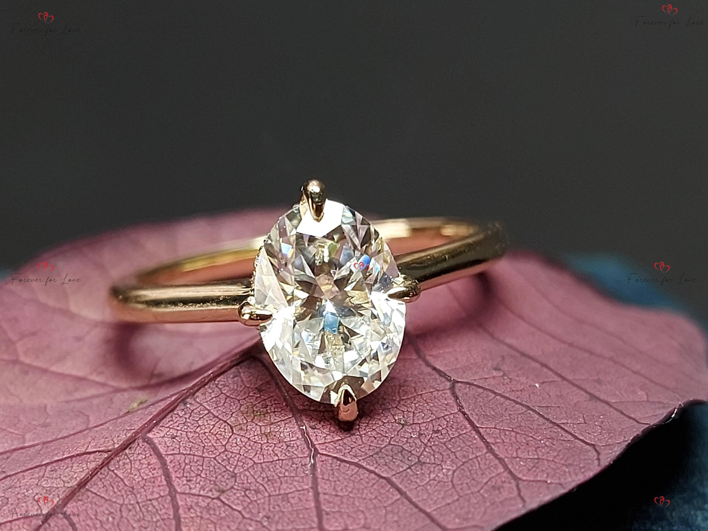 Bague de fiançailles solitaire ovale en moissanite Oval cut 1Ct Moissanite taille brillant engagement ring in Gold or Platinum — custom handcrafted by Forever For Love