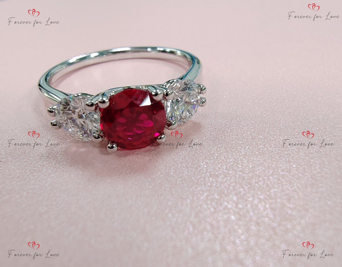 Natural Diamond, Ruby Three Stone Engagement Ring Trilogy cut Moissanite engagement ring in Gold or Platinum — custom handcrafted by Forever For Love