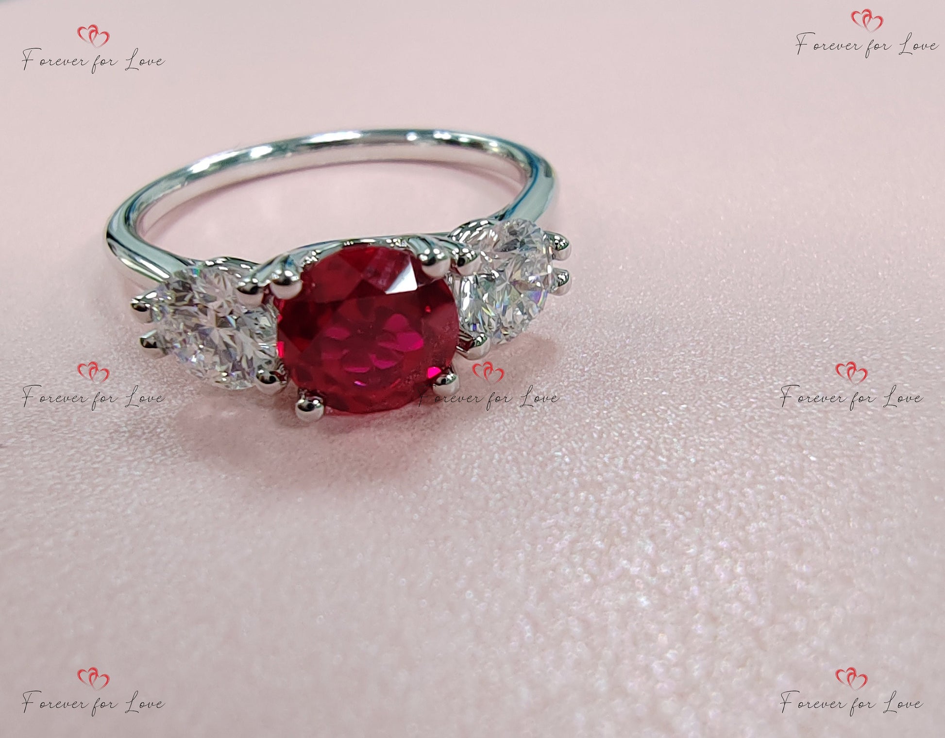 Natural Diamond, Ruby Three Stone Engagement Ring