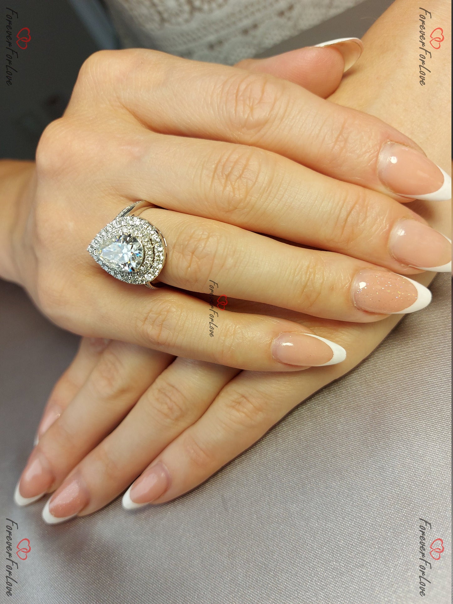 Bague de fiançailles auréole poire moissanite 3,5 carats Pear cut 1Ct Moissanite taille brillant engagement ring in Gold or Platinum — custom handcrafted by Forever For Love