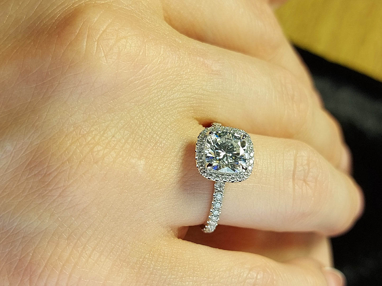 2 Ct Cushion Moissanite Halo Eternity Ring Cushion cut 1Ct Moissanite Brilliant Cut engagement ring in 935 Argentium Silver — custom handcrafted by Forever For Love