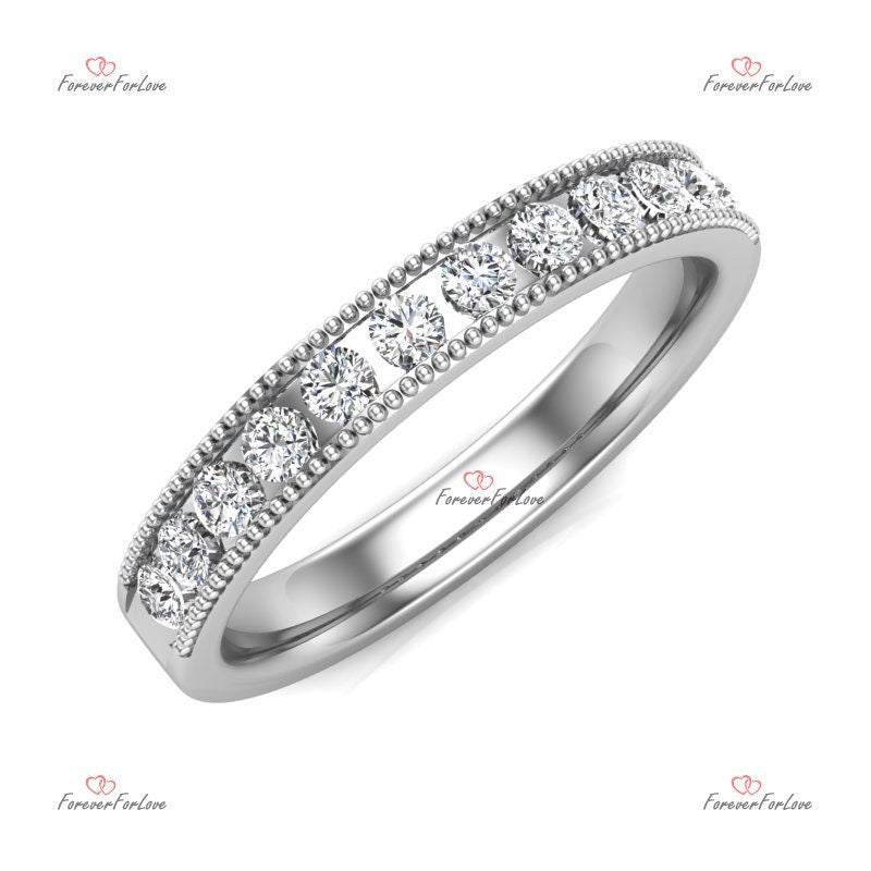 Natural Diamond Half Eternity Band Round cut Moissanite Brilliant Cut engagement ring in 935 Argentium Silver — custom handcrafted by Forever For Love