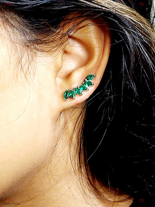 Emerald Climber Earrings, 14k Solid Gold Earrings, May Birthstone, Gift For Her Bridesmaid Gift, Wedding Gift, Birthday Gift, Valentine Gift