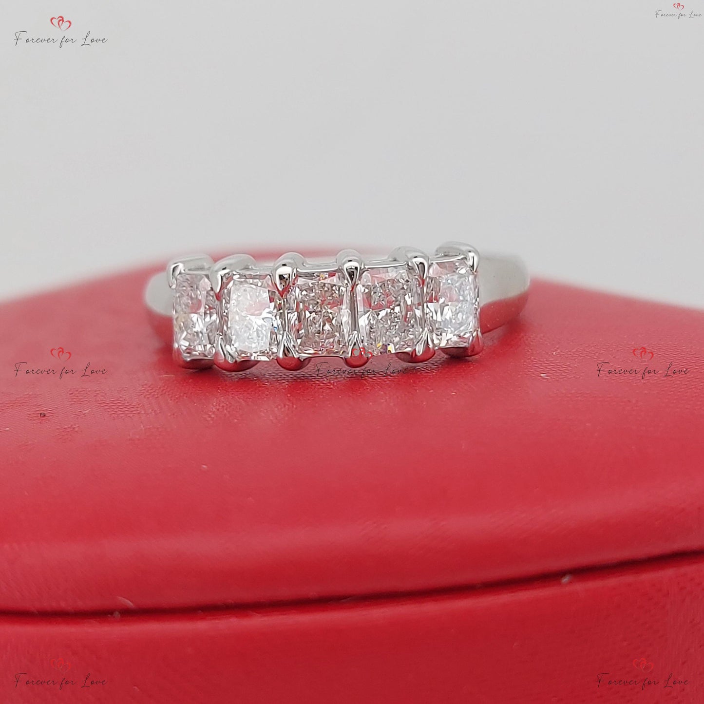 Alliance Demi-Éternité Diamant Radiant avec Accents Radiant cut Moissanite taille brillant engagement ring in Gold or Platinum — custom handcrafted by Forever For Love