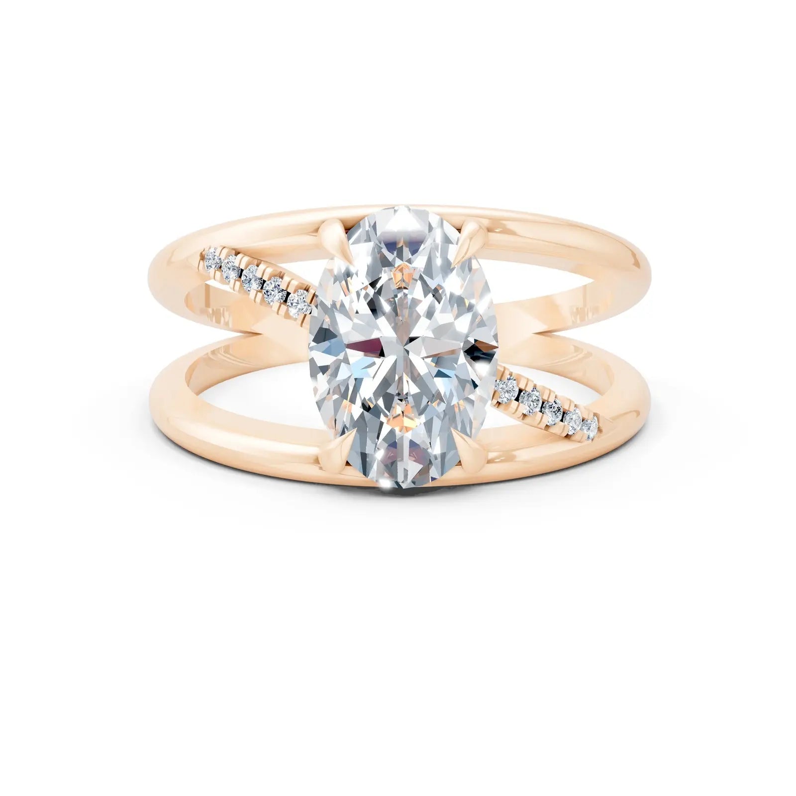 Oval Center Stone with Split Dual Band and Tension Setting Cross Pave Engagement Ring Forever For Love