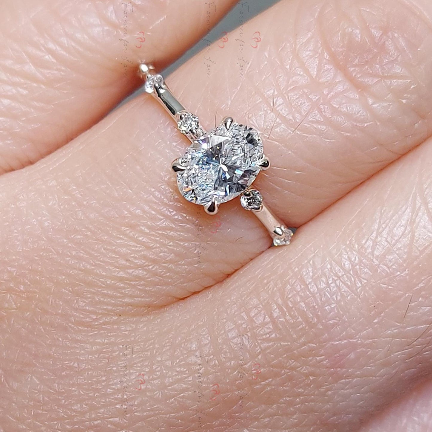1 Ct Oval Lab Diamond Engagement Ring with Marquise Accents Oval cut 1Ct Moissanite Brilliant Cut engagement ring in 935 Argentium Silver — custom handcrafted by Forever For Love