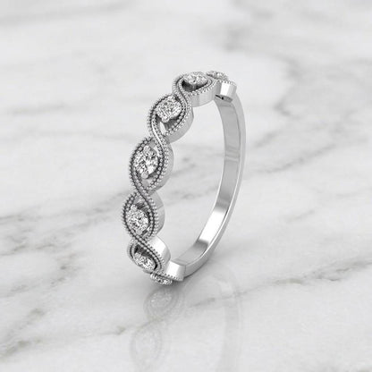 14k Solid Gold Art Deco Wedding Band, Pave Diamond Ring, Vintage Wedding Ring, Half Eternity Band, Milgrain Band Dainty Lab Grown Diamond