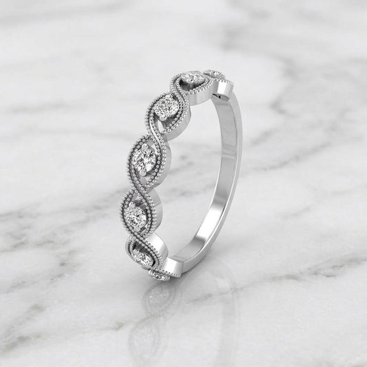 14k Solid Gold Art Deco Wedding Band, Pave Diamond Ring, Vintage Wedding Ring, Half Eternity Band, Milgrain Band Dainty Lab Grown Diamond