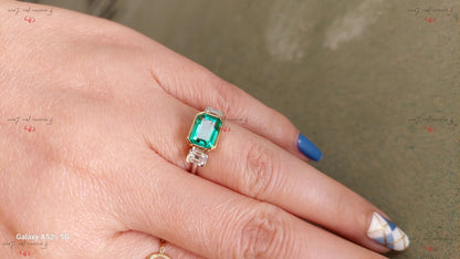 Baguette Diamond, Emerald Three Stone Ring