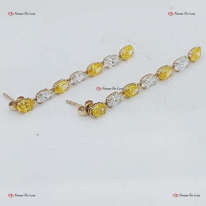 Dangle Earrings, Yellow and White Diamond Earrings, Dainty oval diamond Earrings, Statement Earrings, Gold Earrings , Minimalist earrings.