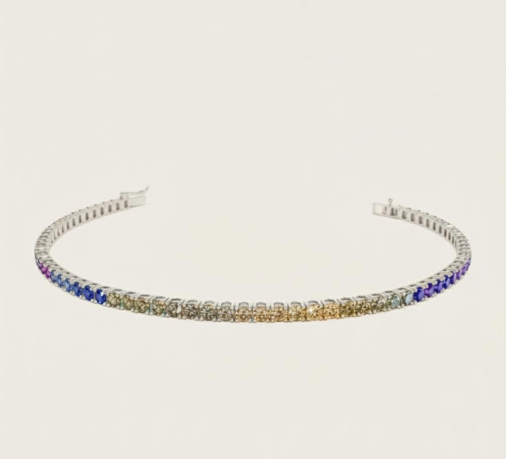 Tennisarmband mit Saphiren in 14K Multi-Color, Regenbogen-Saphir-Armband, Rundes Regenbogen-Farbverlauf-Ombre-Armband mit natürlichen Saphiren, Geschenk für sie Moissanite engagement ring in Gold or Platinum — custom handcrafted by Forever For Love