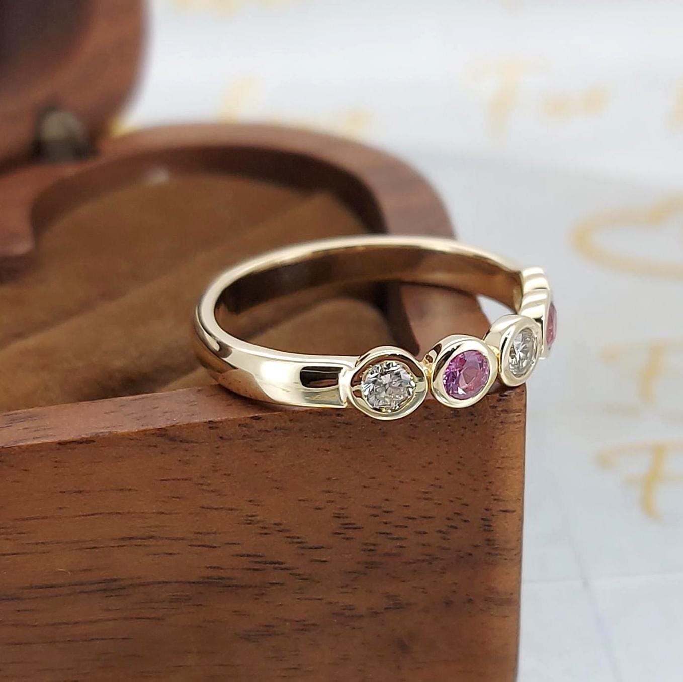 14k Solid Gold Bubble bezel Round Lab Diamond Wedding Band Half Eternity Diamond Engagement Band Diamond and Pink sapphire Alternative Band