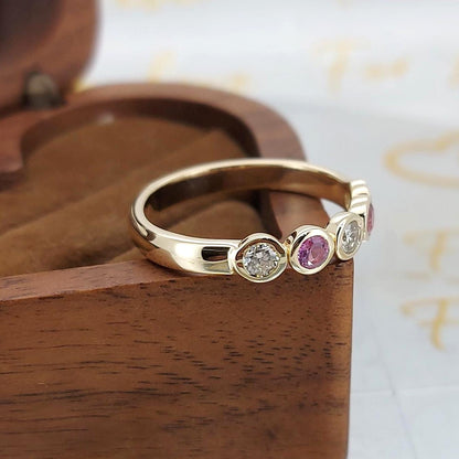 14k Solid Gold Bubble bezel Round Lab Diamond Wedding Band Half Eternity Diamond Engagement Band Diamond and Pink sapphire Alternative Band