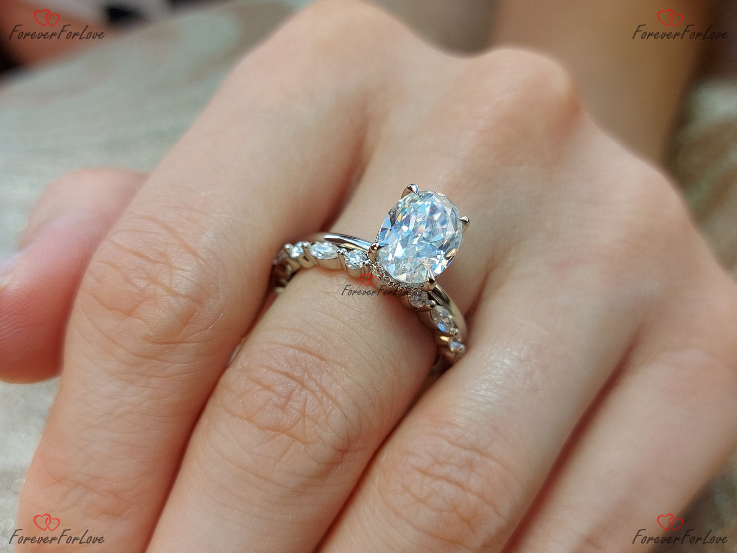Bague alliance éternité ovale moissanite 3 carats Oval cut Moissanite taille brillant engagement ring in Gold or Platinum — custom handcrafted by Forever For Love
