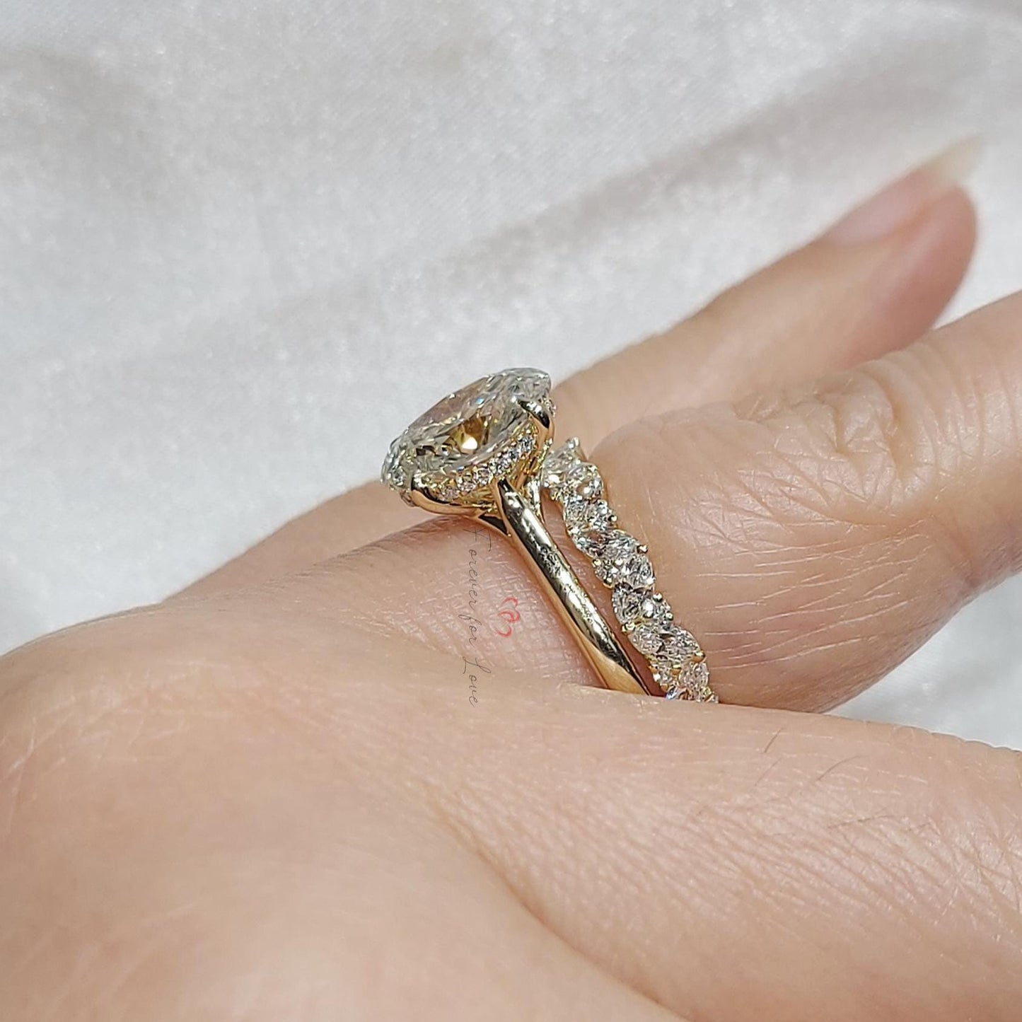 3 Ct Oval Lab Diamond with Marquise Accent Engagement Ring Oval cut Moissanite Brilliant Cut engagement ring in 935 Argentium Silver — custom handcrafted by Forever For Love