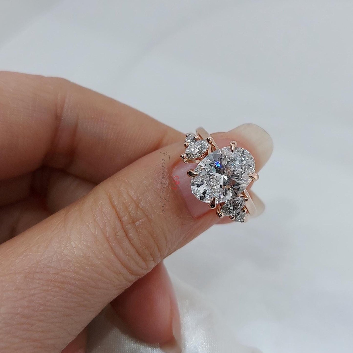 3 Ct Oval Lab Diamond with Band Bridal Set Oval cut Moissanite Brilliant Cut engagement ring in 935 Argentium Silver — custom handcrafted by Forever For Love