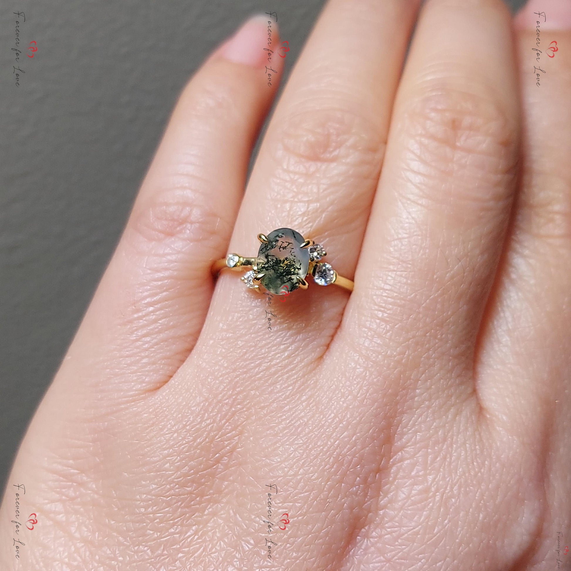 Oval Diamond, Moss Agate Engagement Ring