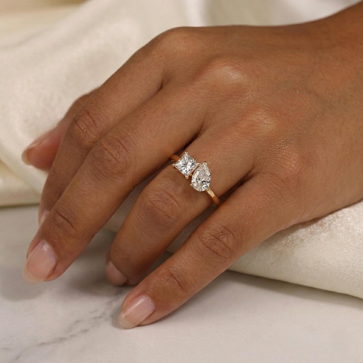 Pear Lab Diamond Solitaire Engagement Ring with Princess Cut Accents Pear cut Moissanite engagement ring in Gold or Platinum — custom handcrafted by Forever For Love