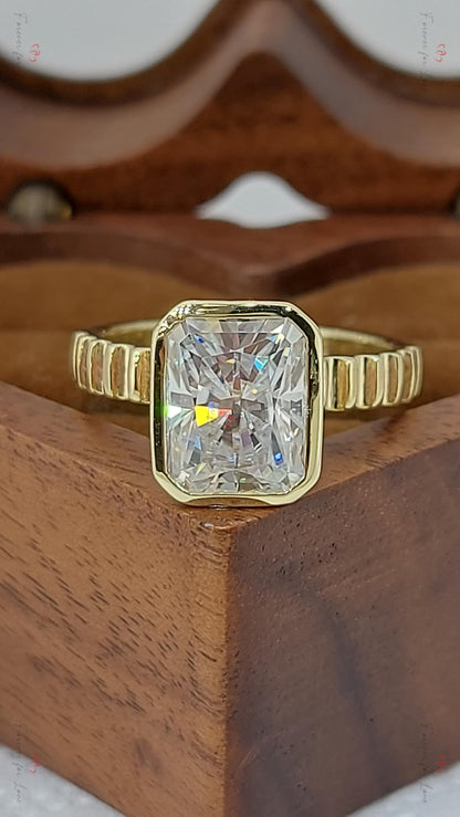 Unique Vintage 1.5 Carat Radiant cut Moissanite Engagement Ring, Bezel setting Proposal Anniversary Ring