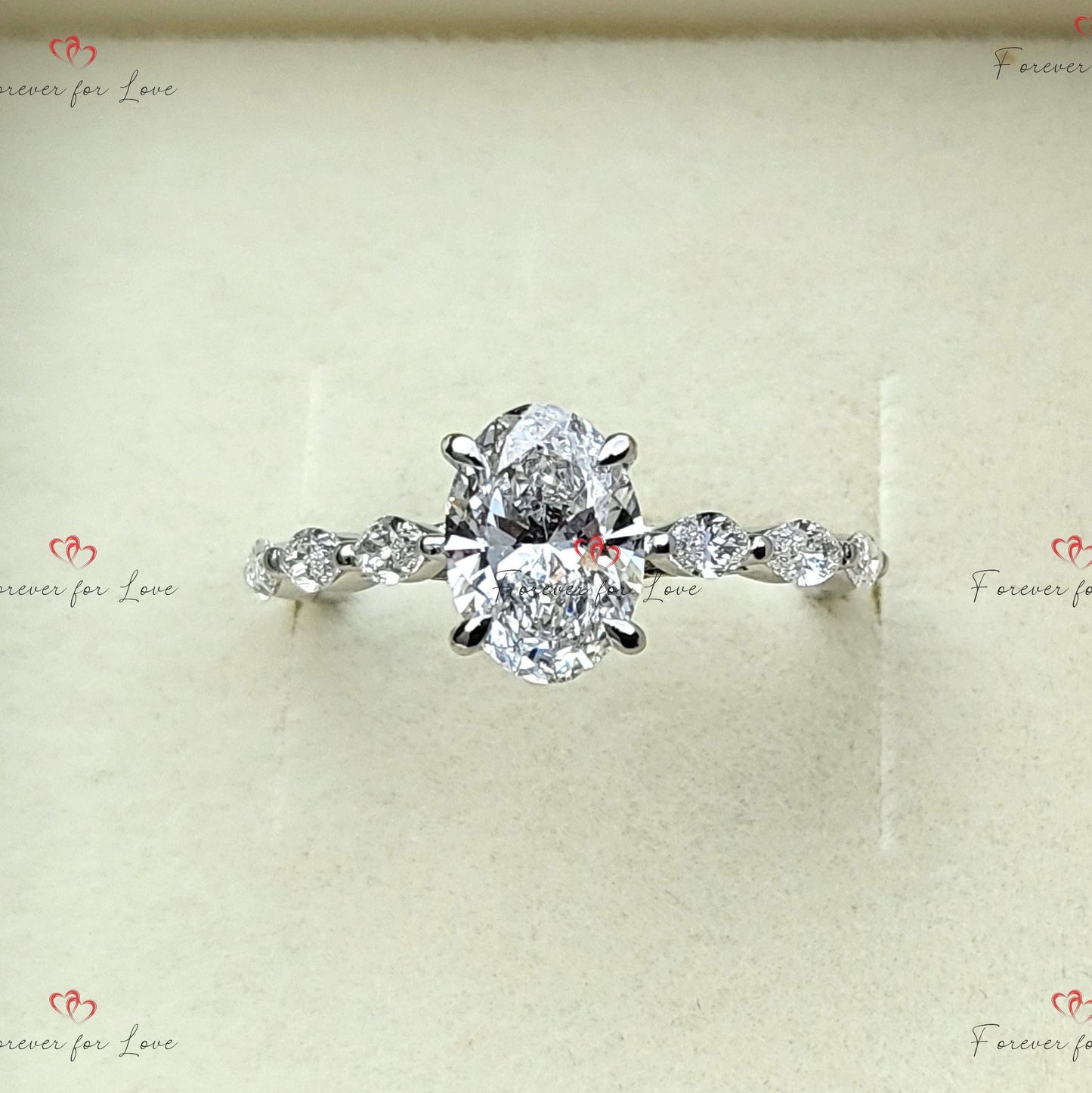 1 Ct IGI Certified Oval Diamond Solitaire with Marquise Accents Oval cut 1Ct Moissanite Brilliant Cut engagement ring in 935 Argentium Silver — custom handcrafted by Forever For Love