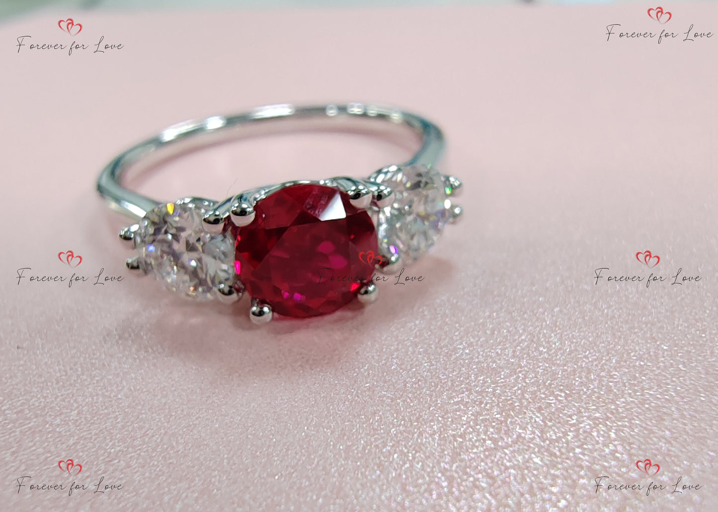 Natural Diamond, Ruby Three Stone Engagement Ring Trilogy cut Moissanite engagement ring in Gold or Platinum — custom handcrafted by Forever For Love