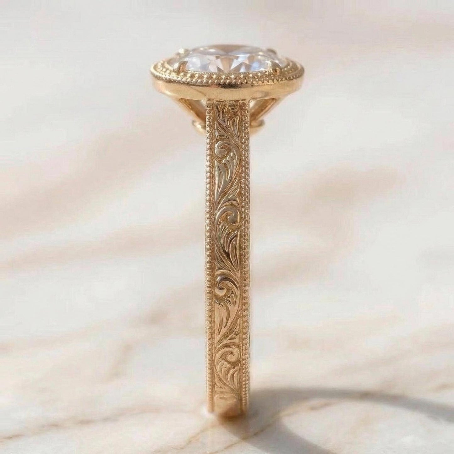 1.5 Ct IGI Certified Round Diamond Vintage Band Ring Round cut 1Ct Moissanite Brilliant Cut engagement ring in 935 Argentium Silver — custom handcrafted by Forever For Love