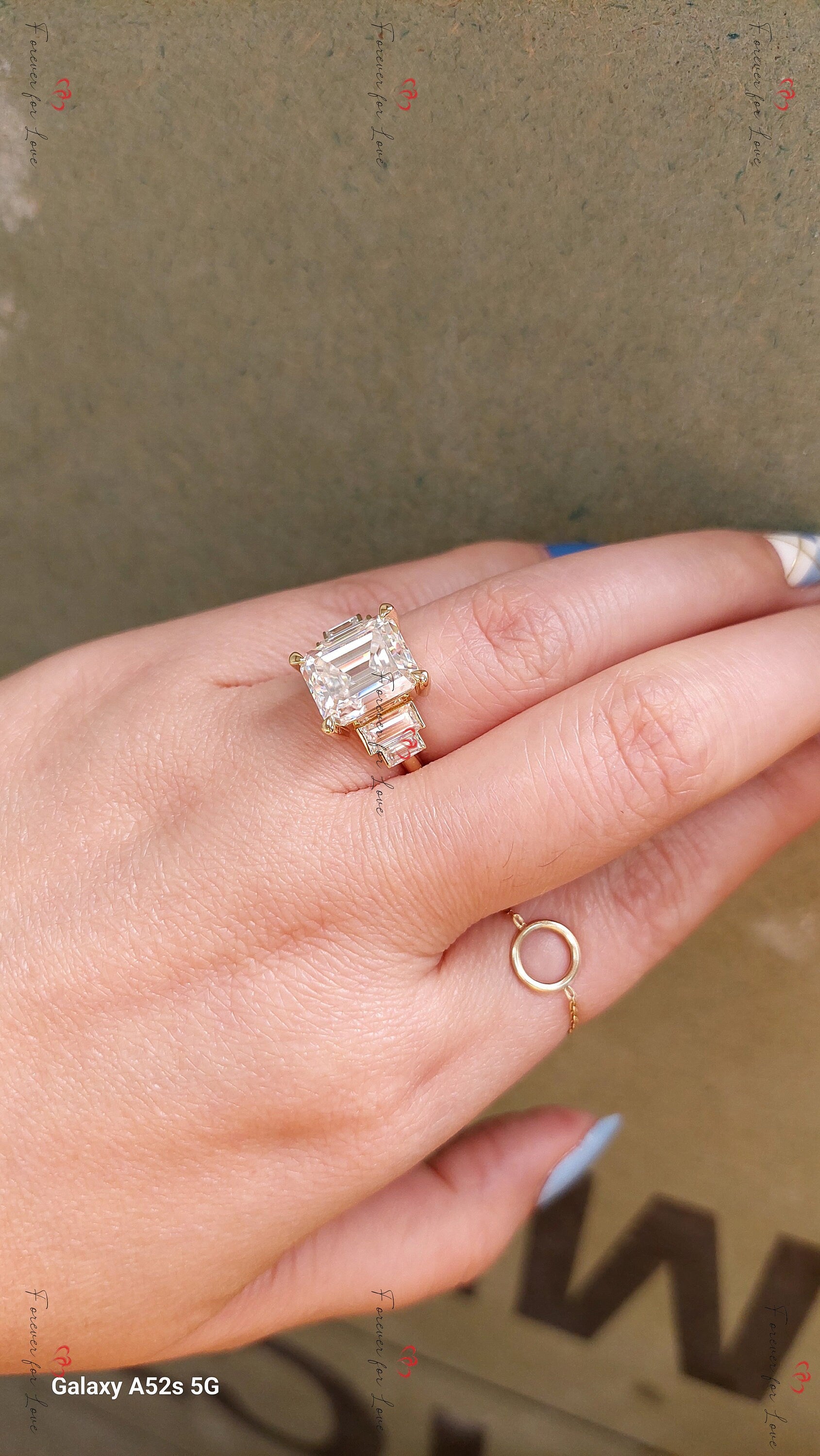 Emerald Natural Diamond, Sapphire Three Stone Engagement Ring