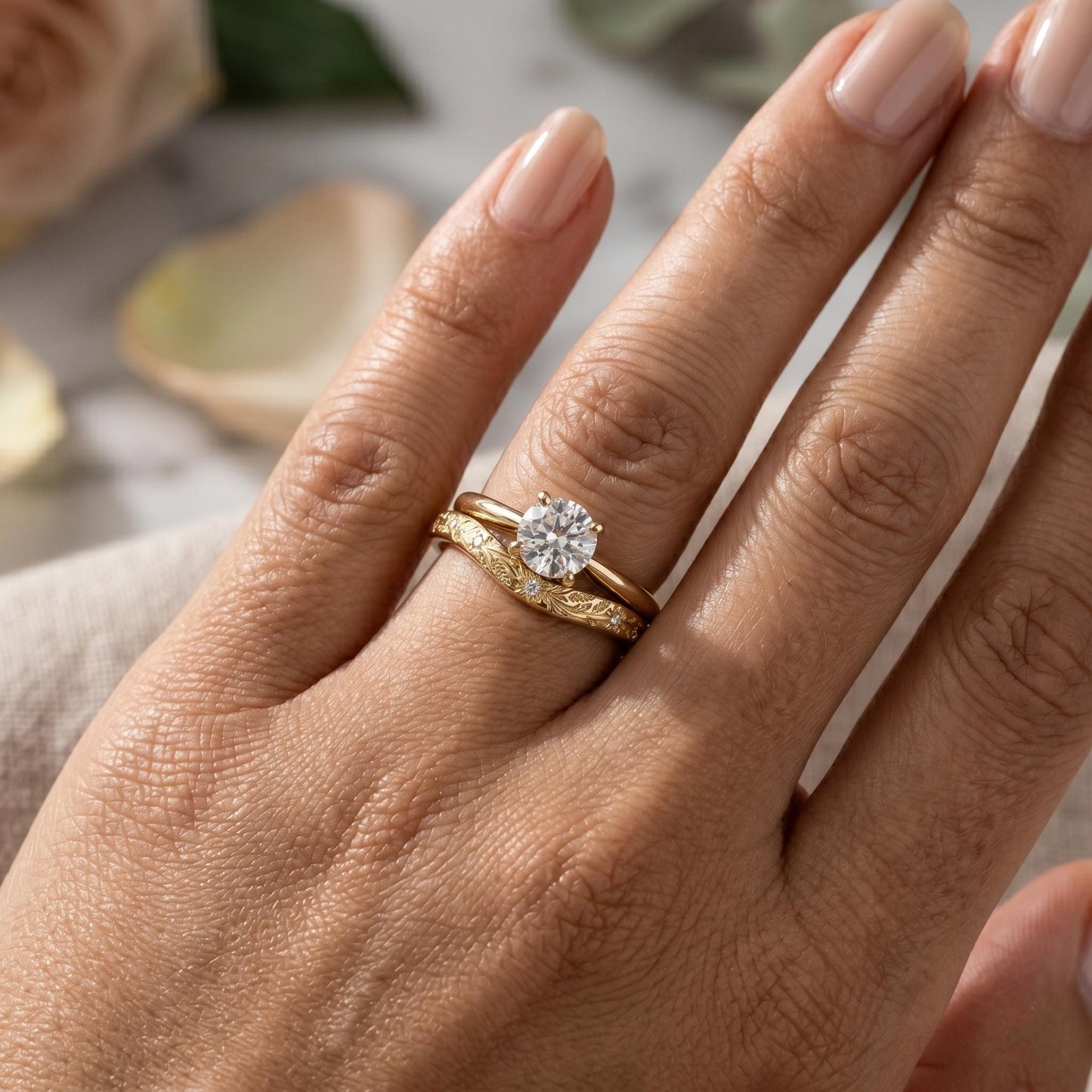 Alliance de mariage Chevron floral en diamant, bague en V, diamant de laboratoire, bague empilable délicate, alliance florale minimaliste, cadeau pour elle Round cut Moissanite taille brillant engagement ring in Gold or Platinum — custom handcrafted by Forever For Love