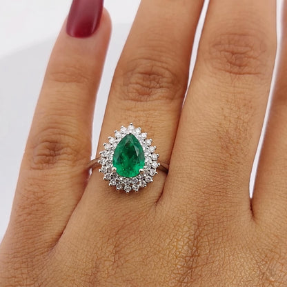 1.5 Ct Pear Natural Diamond, Emerald Halo Engagement Ring