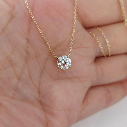 Halskette mit rundem Diamanten, 14 Karat Gelbgold, zierlicher minimalistischer Diamantanhänger, echte runde Diamant-Halskette für Damen, Brautjungfern-Halsketten-Geschenk.