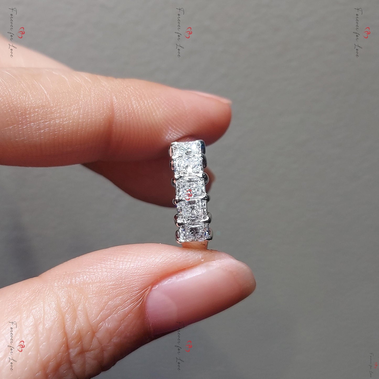 Alliance Demi-Éternité Diamant Radiant avec Accents Radiant cut Moissanite taille brillant engagement ring in Gold or Platinum — custom handcrafted by Forever For Love