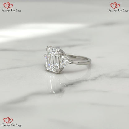 6ct E Color VVS2 Clarity IGI Certified Three Stone Emerald Cut Lab Created Diamond Engagement Ring, 18k White Gold, Side Trillion Cuts