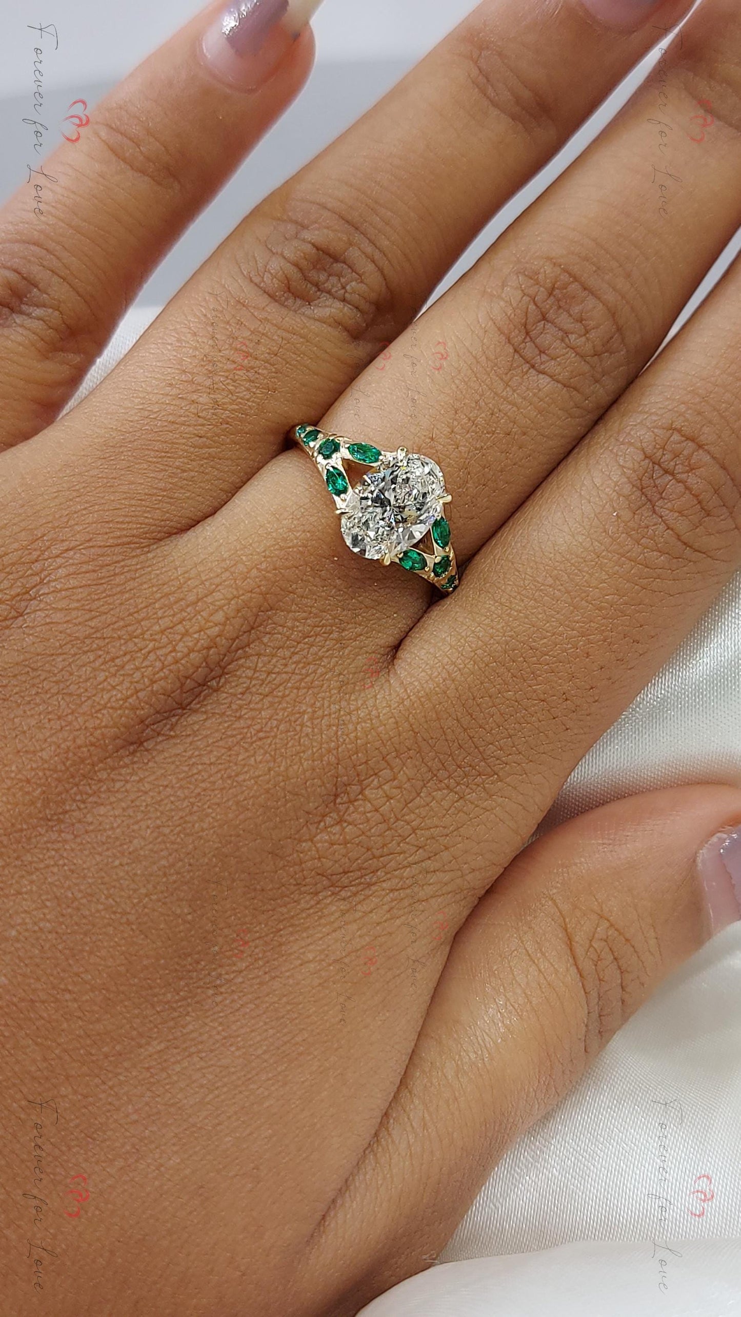 1 Ct Oval Diamond, Emerald Vintage Engagement Ring Oval cut Natural Emerald engagement ring in 935 Argentium Silver — custom handcrafted by Forever For Love