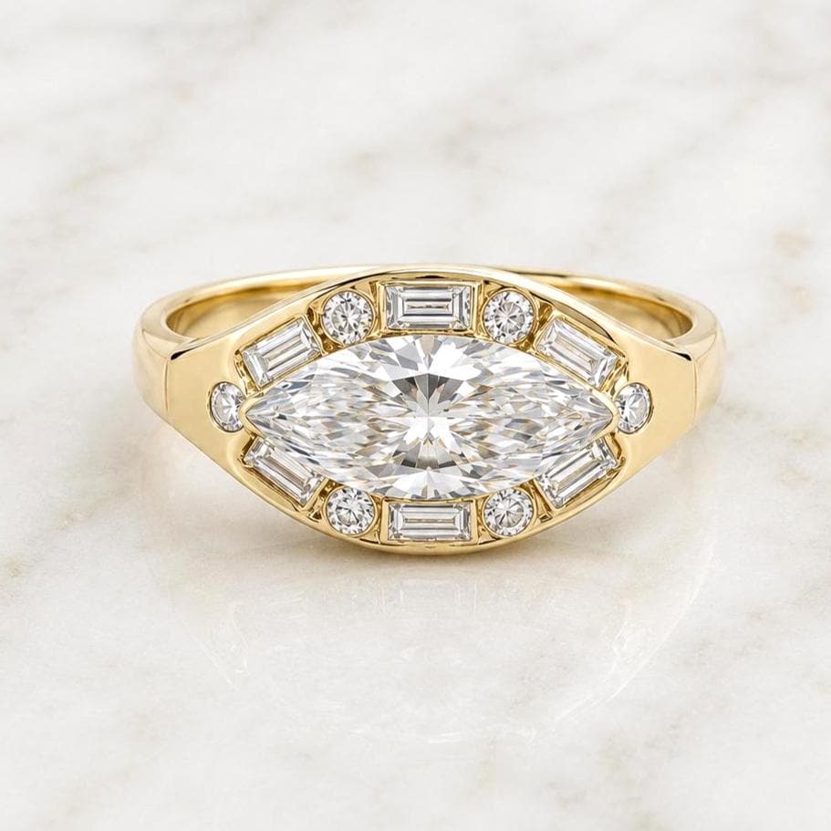 2 Karat Ost-West-Marquise-Verlobungsring Echter im Labor gezüchteter Diamantring Jubiläumsring Geschenk Einzigartiger Heiratsantragsring für sie Marquise cut Moissanite engagement ring in 935 Argentium Silber — custom handcrafted by Forever For Love