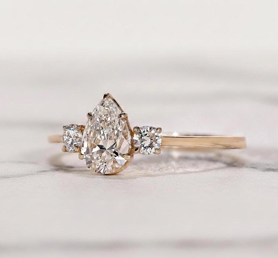 Pear Lab Diamond Three Stone Engagement Ring