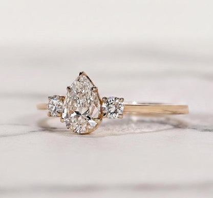 Pear Lab Diamond Three Stone Engagement Ring