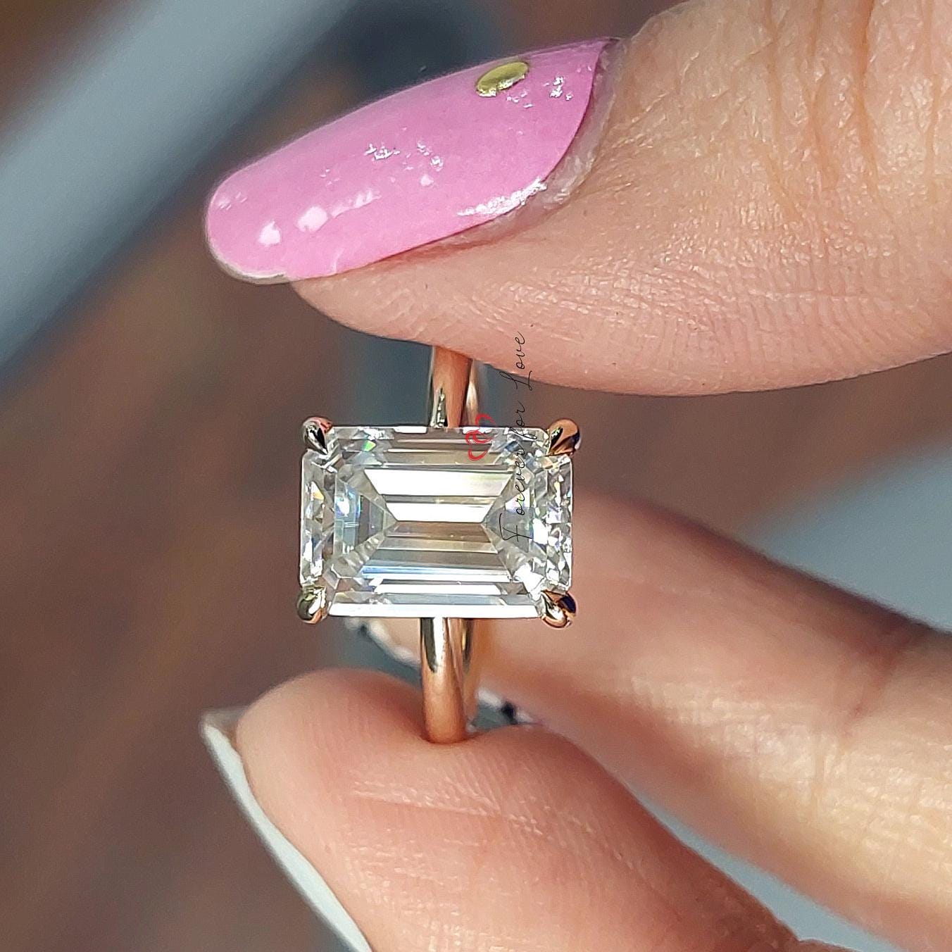 3 Ct Emerald Diamond, Moissanite, Emerald Solitaire Engagement Ring
