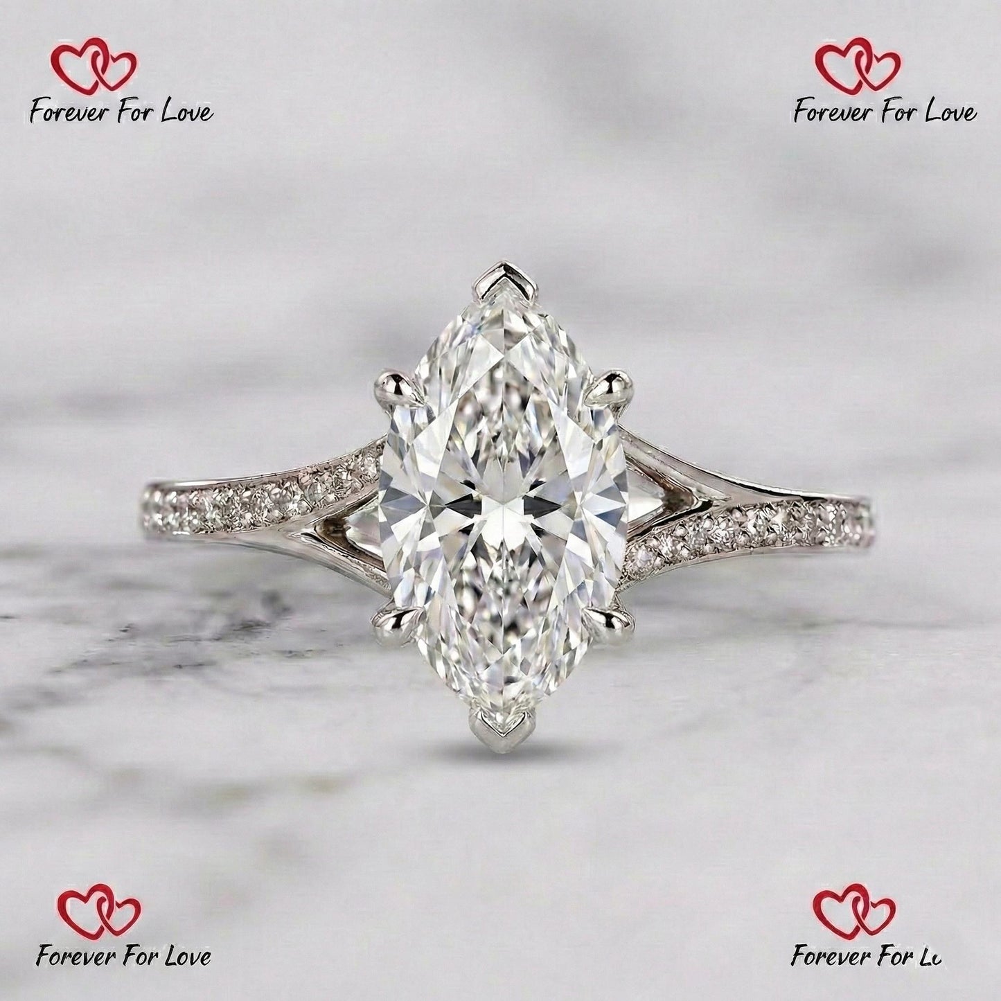 4.12 Ct IGI Certified Marquise Lab Diamond Split Shank Pavé Engagement Ring Marquise cut 1Ct Moissanite Brilliant Cut engagement ring in 935 Argentium Silver — custom handcrafted by Forever For Love